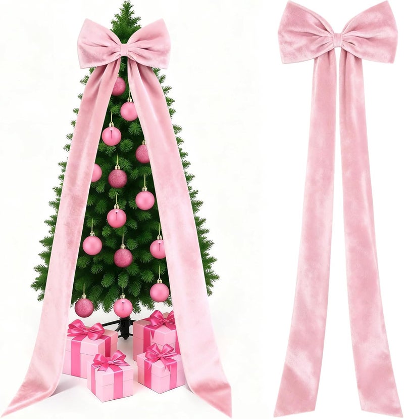 Knitgrip Extra Large Velvet Christmas Tree Topper Bow Giant Bow with Long Streamers Oversized Wrapping Gifts for Holiday Party Xmas Tree Wedding Home Decorations(Pink,118 Inch) - Image 1