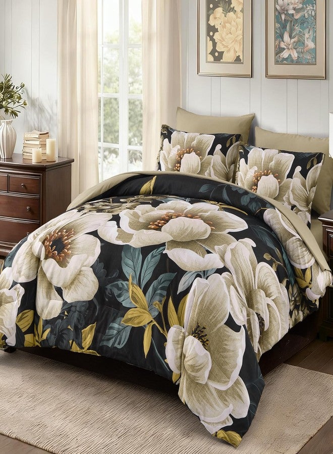 Dintszyayue Floral Comforter Set King Size, 7 Pieces Bed in a Bag Set Elegant Texture Black Flower Bedding Sets, Soft Microfiber for All Season with Flat Sheet Fitted Sheets Pillowcases and Shams - Image 2