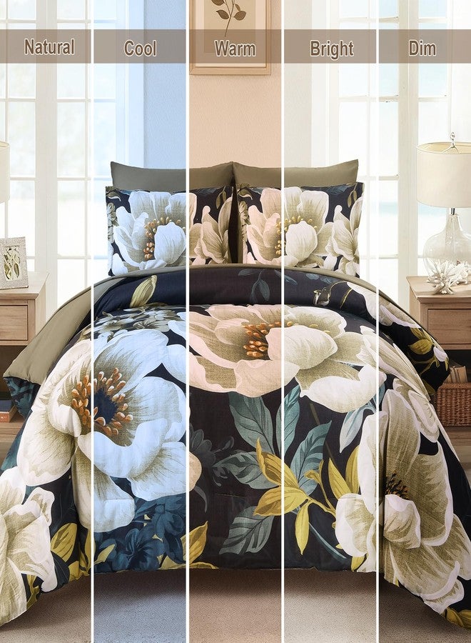 Dintszyayue Floral Comforter Set King Size, 7 Pieces Bed in a Bag Set Elegant Texture Black Flower Bedding Sets, Soft Microfiber for All Season with Flat Sheet Fitted Sheets Pillowcases and Shams - Image 5