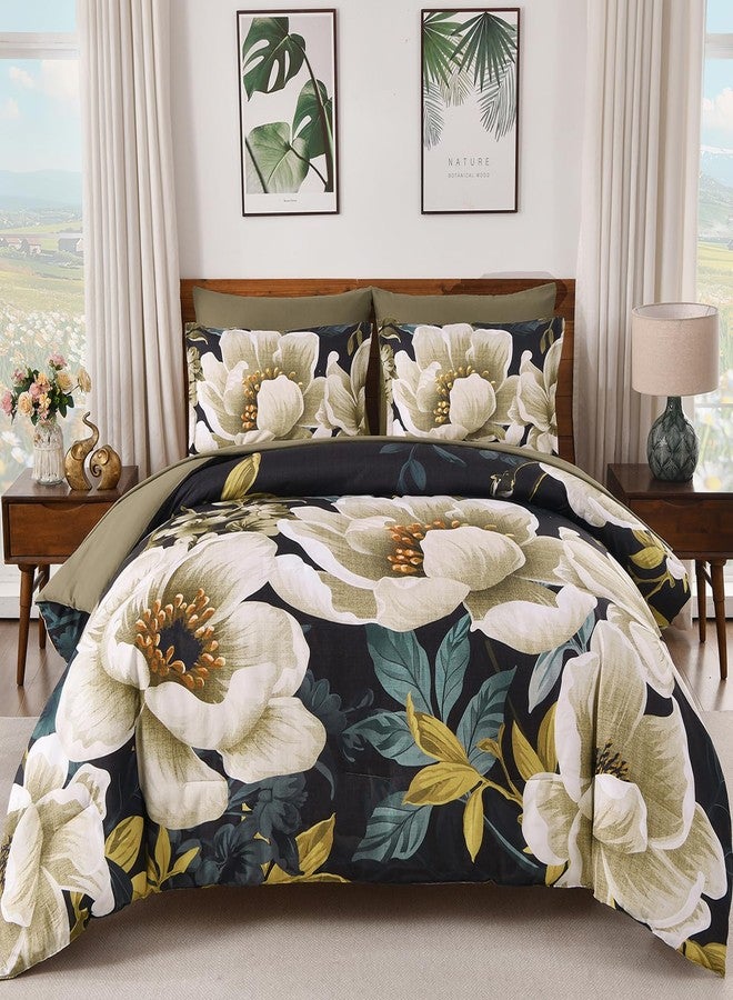 Dintszyayue Floral Comforter Set King Size, 7 Pieces Bed in a Bag Set Elegant Texture Black Flower Bedding Sets, Soft Microfiber for All Season with Flat Sheet Fitted Sheets Pillowcases and Shams - Image 1