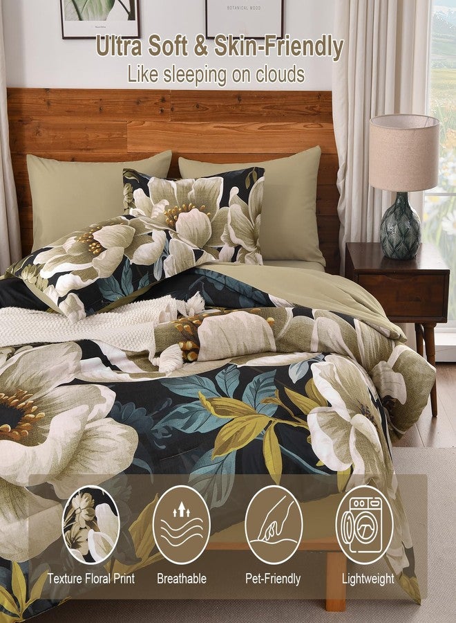 Dintszyayue Floral Comforter Set King Size, 7 Pieces Bed in a Bag Set Elegant Texture Black Flower Bedding Sets, Soft Microfiber for All Season with Flat Sheet Fitted Sheets Pillowcases and Shams - Image 4