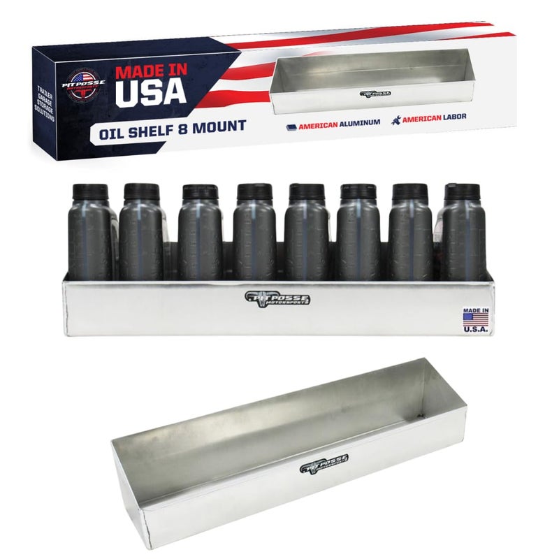 Pit Posse 564 Oil Shelf Caddy 8 Bottle Rack Holder 24 Made in USA Holds 8 Quarts of Automotive Motor Engine Oil Enclosed Race Trailer Shop Garage Aluminum Storage Organizer Silver