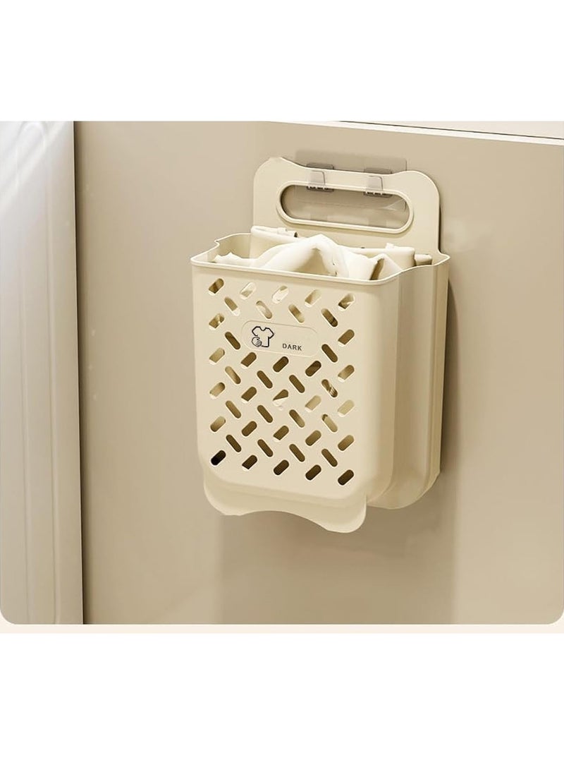 سلة غسيل بلاستيكية قابلة للطي بتصميم معلق على الحائط، سلة متينة مقاومة للماء مع مقبض حمل - Image 1