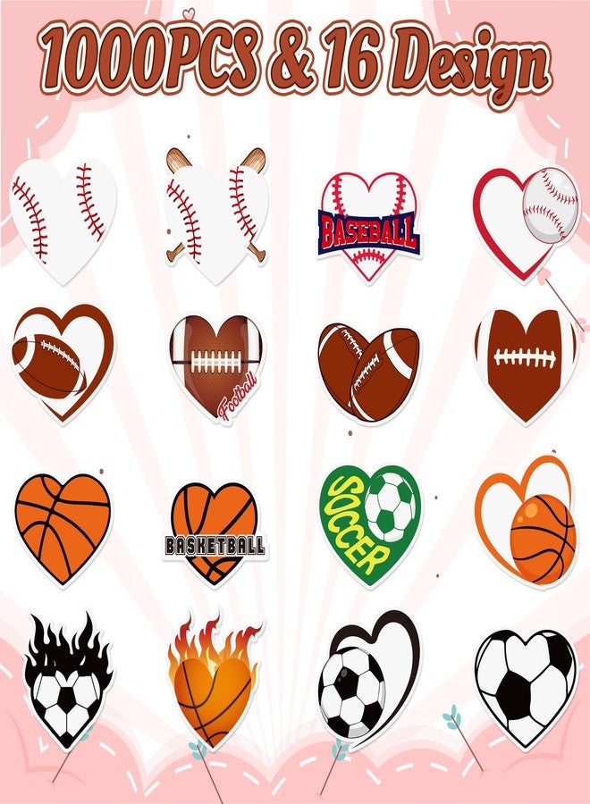 Haooryx Valentine's Self-Adhesive Stickers Rolls - 1000-Piece(2 Rolls)Valentine's Day Heart-Shaped Sports Stickers Football Basketball Baseball Soccer Self-Adhesive Gift Wraping Decals Giftwrap Decor - Image 2