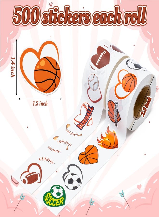 Haooryx Valentine's Self-Adhesive Stickers Rolls - 1000-Piece(2 Rolls)Valentine's Day Heart-Shaped Sports Stickers Football Basketball Baseball Soccer Self-Adhesive Gift Wraping Decals Giftwrap Decor - Image 3