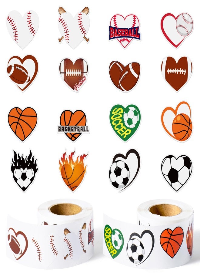 Haooryx Valentine's Self-Adhesive Stickers Rolls - 1000-Piece(2 Rolls)Valentine's Day Heart-Shaped Sports Stickers Football Basketball Baseball Soccer Self-Adhesive Gift Wraping Decals Giftwrap Decor - Image 1