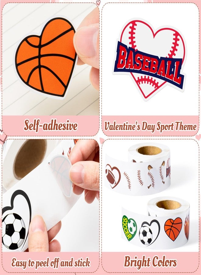 Haooryx Valentine's Self-Adhesive Stickers Rolls - 1000-Piece(2 Rolls)Valentine's Day Heart-Shaped Sports Stickers Football Basketball Baseball Soccer Self-Adhesive Gift Wraping Decals Giftwrap Decor - Image 4