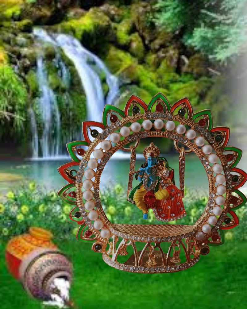 BEXCO Metal Radha Krishna Idol Size 4" 3.5" inches on Swinging Jhula Idol Statue Showpiece Figurine for car Dashboard Janmashtami jhula (Size 4 X 4 Inches) - Image 2