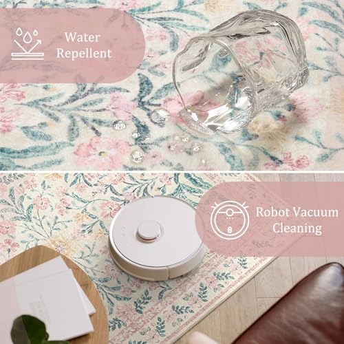 Morebes Floral Washable Light Pink Rug, Boho Machine Washable Area Rugs 8x10 for Nursery Girls Bedroom Non Slip, Soft Vintage Distressed Carpet for Living Room Dorm Home Office Decor - Image 5