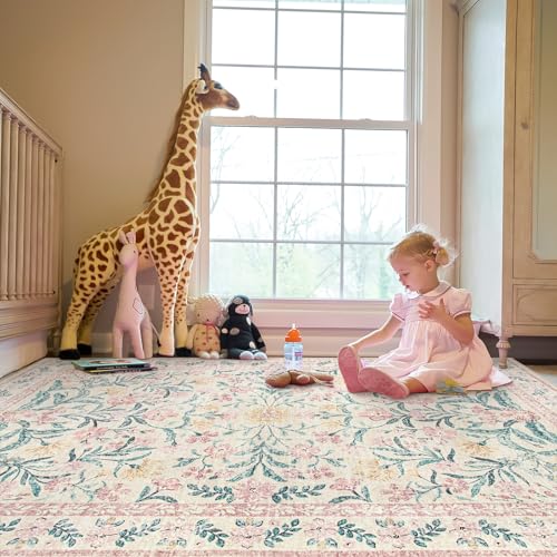 Morebes Floral Washable Light Pink Rug, Boho Machine Washable Area Rugs 8x10 for Nursery Girls Bedroom Non Slip, Soft Vintage Distressed Carpet for Living Room Dorm Home Office Decor - Image 2