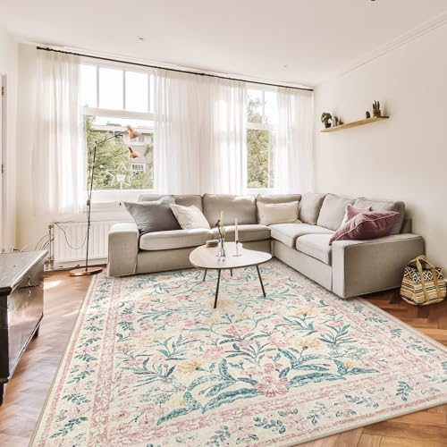 Morebes Floral Washable Light Pink Rug, Boho Machine Washable Area Rugs 8x10 for Nursery Girls Bedroom Non Slip, Soft Vintage Distressed Carpet for Living Room Dorm Home Office Decor - Image 1