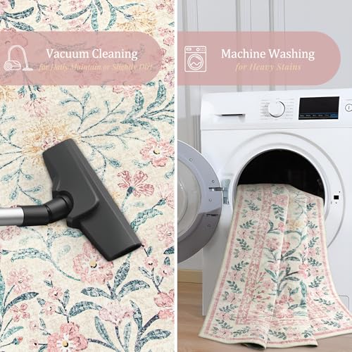 Morebes Floral Washable Light Pink Rug, Boho Machine Washable Area Rugs 8x10 for Nursery Girls Bedroom Non Slip, Soft Vintage Distressed Carpet for Living Room Dorm Home Office Decor - Image 4