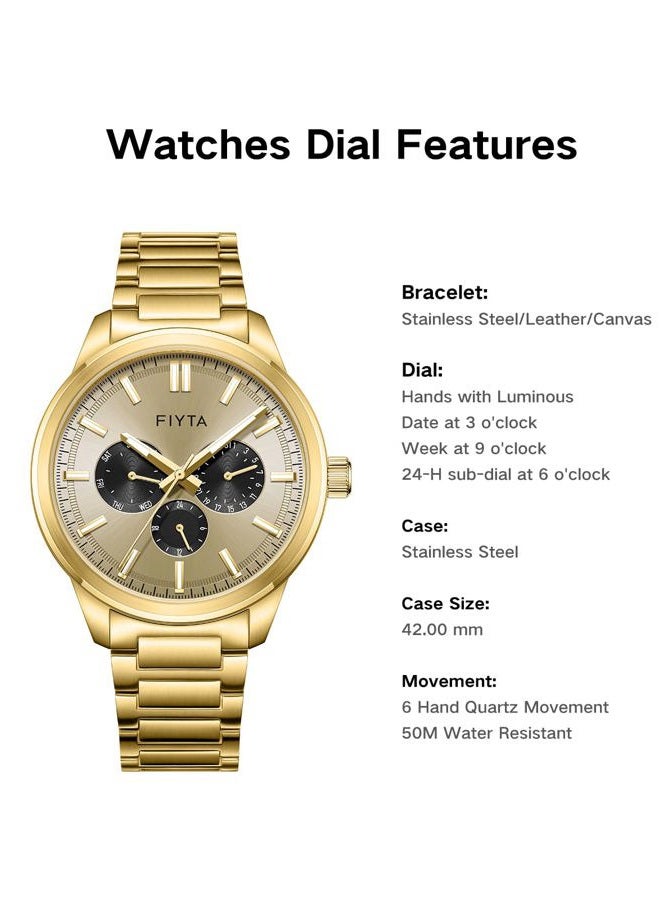 FIYTA Men's Quartz Watch Gold Watch Stainless Steel Strap - Image 4