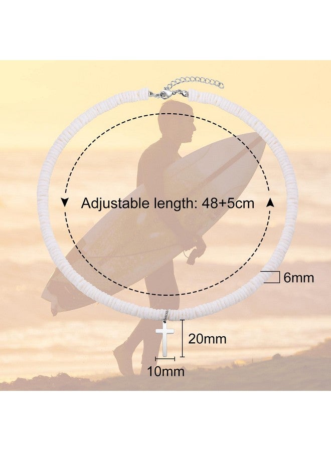 MPRAINBOW White Puka Shell Necklace Summer Beach Surfer Jewelry Handmade Hawaiian Smooth Seashell Necklaces For Girls Boys Beaded Choker Cross Necklace Pendant With Extension Chain For Women Men  - Image 2