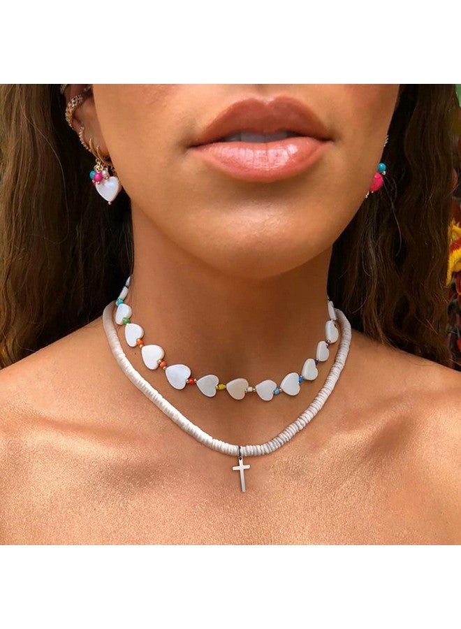 MPRAINBOW White Puka Shell Necklace Summer Beach Surfer Jewelry Handmade Hawaiian Smooth Seashell Necklaces For Girls Boys Beaded Choker Cross Necklace Pendant With Extension Chain For Women Men  - Image 3