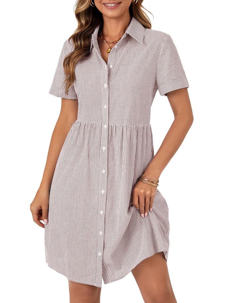 Rooscier Women's Collared Neck Striped Shirt Dress Button Down Short Sleeve Mini Dress Light Brown Small - Image 2