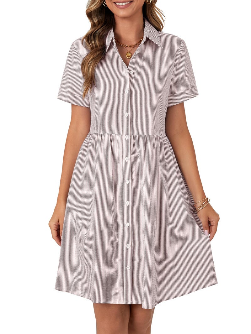 Rooscier Women's Collared Neck Striped Shirt Dress Button Down Short Sleeve Mini Dress Light Brown Small - Image 1