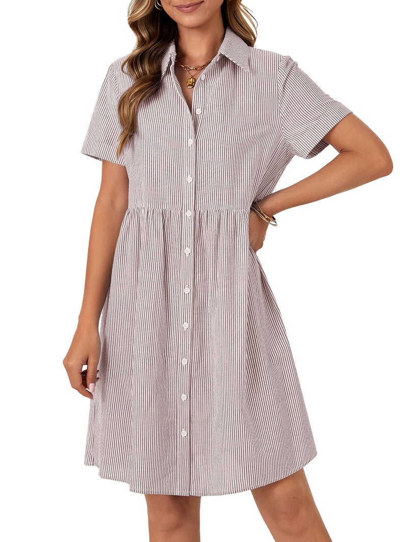 Rooscier Women's Collared Neck Striped Shirt Dress Button Down Short Sleeve Mini Dress Light Brown Small - Image 3