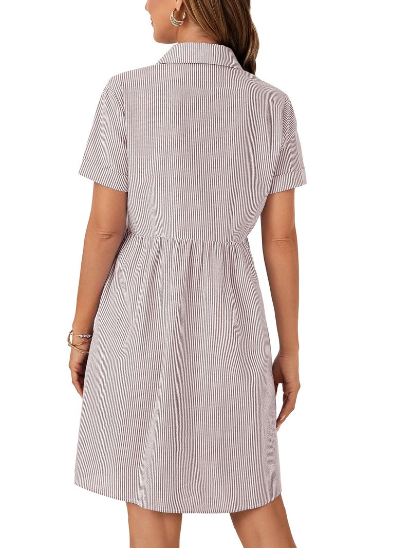 Rooscier Women's Collared Neck Striped Shirt Dress Button Down Short Sleeve Mini Dress Light Brown Small - Image 5