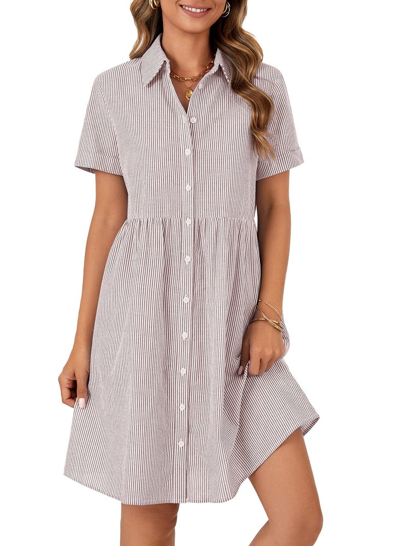 Rooscier Women's Collared Neck Striped Shirt Dress Button Down Short Sleeve Mini Dress Light Brown Small - Image 4