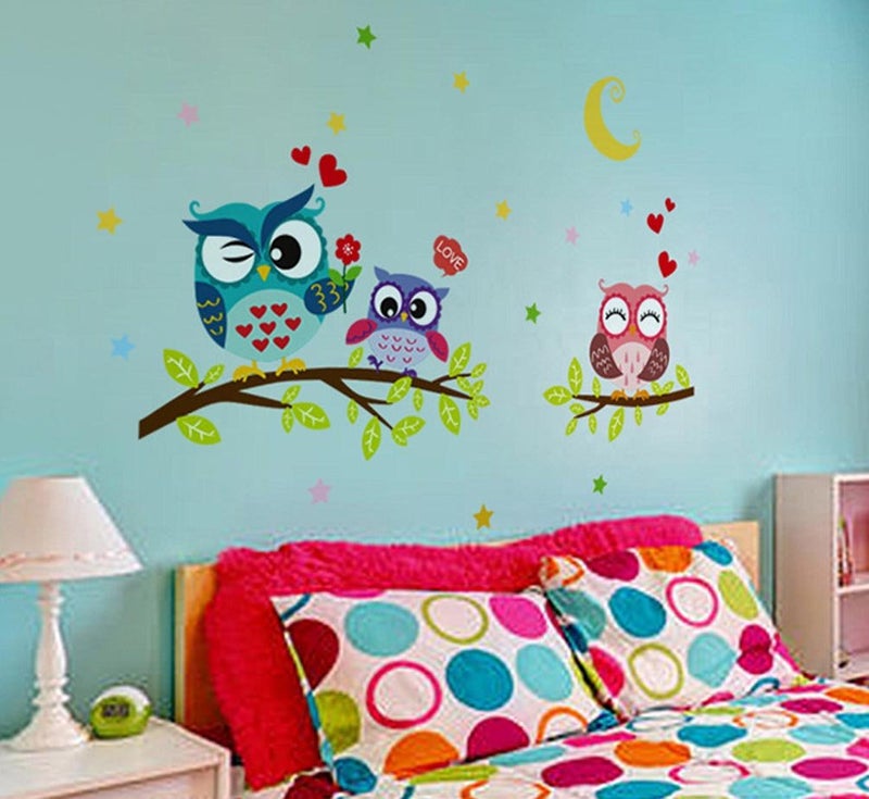 BIBITIME Night Moon Star Sky Wall Sticker Love Family Owls on The Tree Branch Wall Decal for Nursery Bedroom Kids Room Decor,25.19" x 16.92" - Image 3