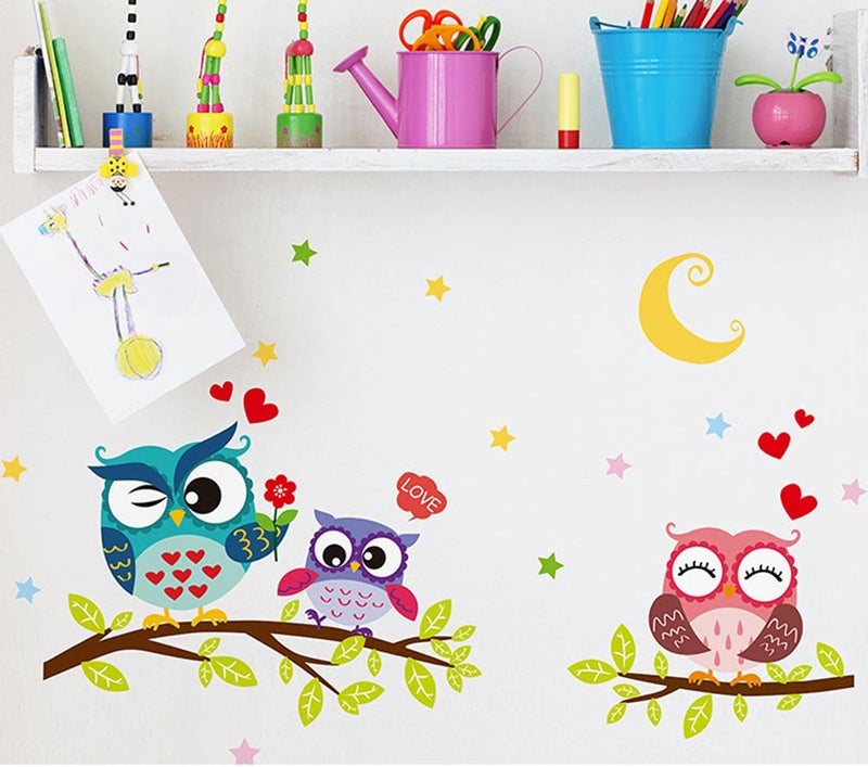 BIBITIME Night Moon Star Sky Wall Sticker Love Family Owls on The Tree Branch Wall Decal for Nursery Bedroom Kids Room Decor,25.19" x 16.92" - Image 2