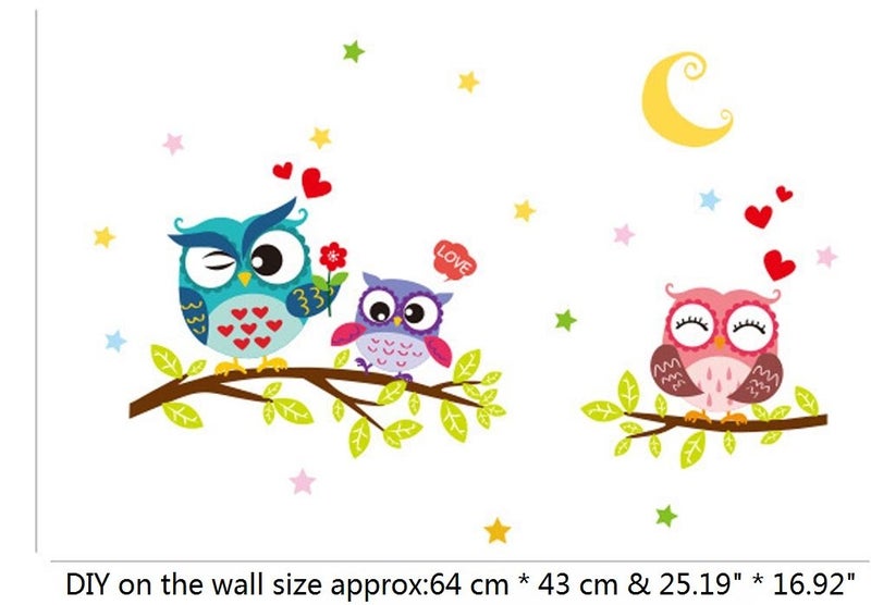 BIBITIME Night Moon Star Sky Wall Sticker Love Family Owls on The Tree Branch Wall Decal for Nursery Bedroom Kids Room Decor,25.19" x 16.92" - Image 4