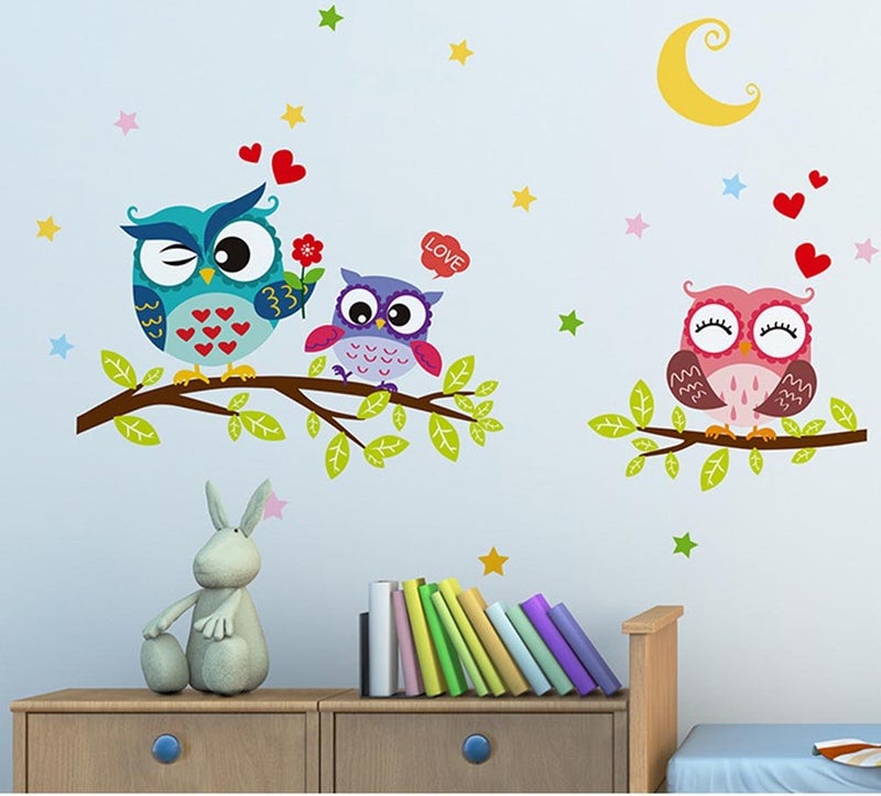 BIBITIME Night Moon Star Sky Wall Sticker Love Family Owls on The Tree Branch Wall Decal for Nursery Bedroom Kids Room Decor,25.19" x 16.92" - Image 1