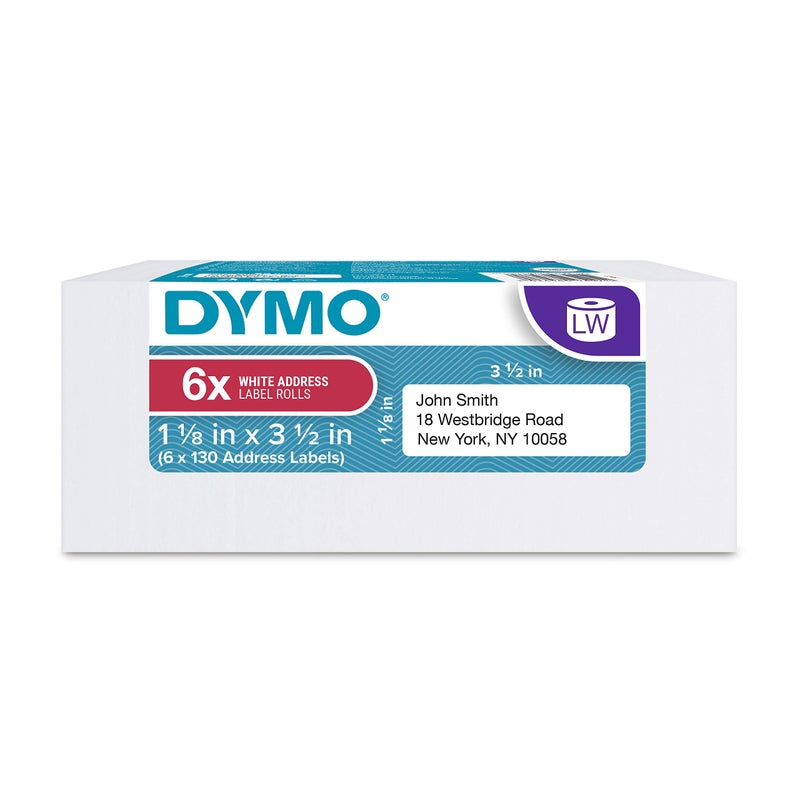 ملصقات عناوين بريدية أصلية من DYMO | ملصقات DYMO لطابعات الملصقات LabelWriter (1-1/8 بوصة × 3-1/2 بوصة) 6 لفات من 130 ملصقًا (إجمالي 780 ملصقًا)