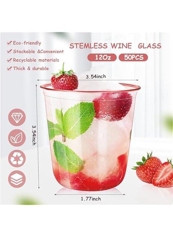 C 50 Pack Pink Disposable Stemless Plastic Wine Glasses 12oz Cold Party Cups for Weddings Birthdays Cocktail  Meeting Supplies  - Image 2