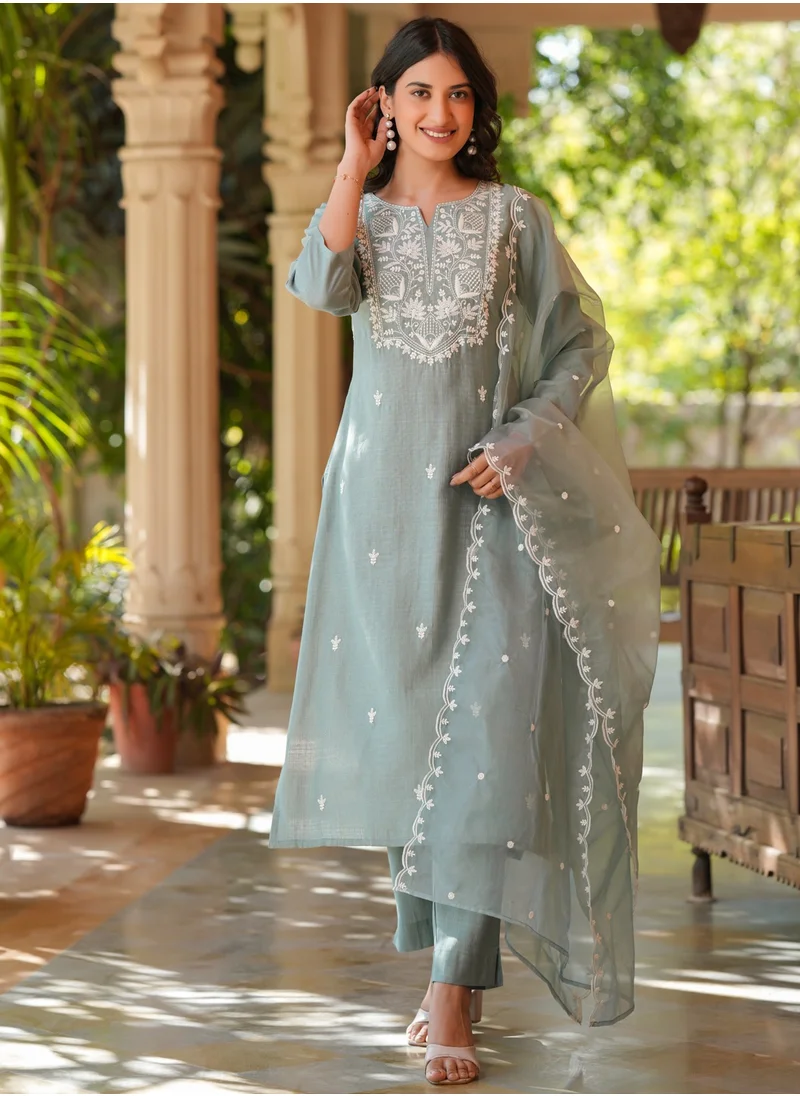 kolaba Light Blue Chinnon Embroidred Kurta 3Pc Set