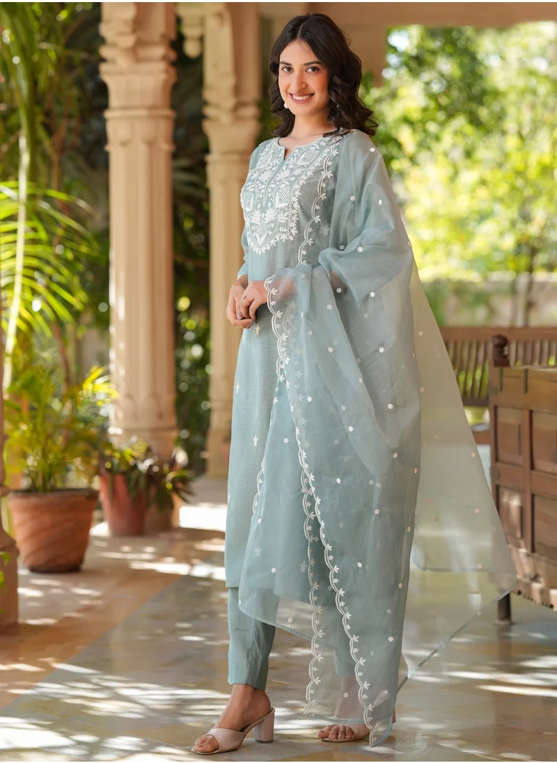 kolaba Light Blue Chinnon Embroidred Kurta 3Pc Set