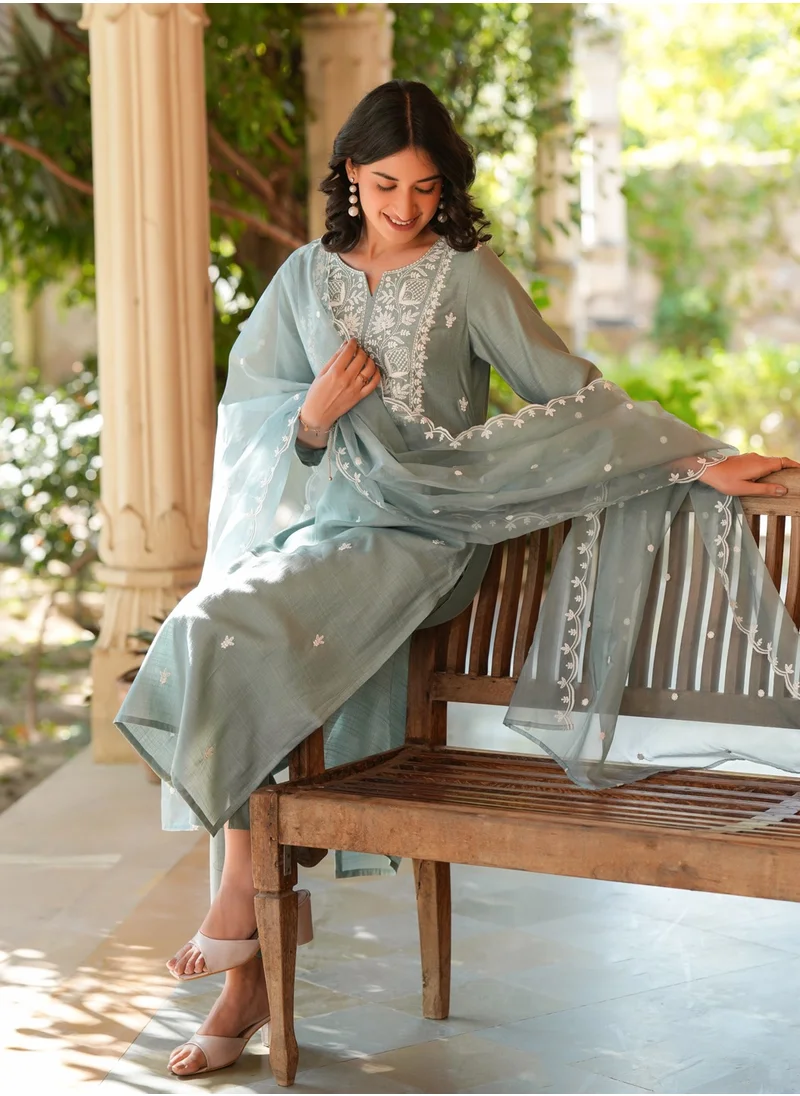 kolaba Light Blue Chinnon Embroidred Kurta 3Pc Set
