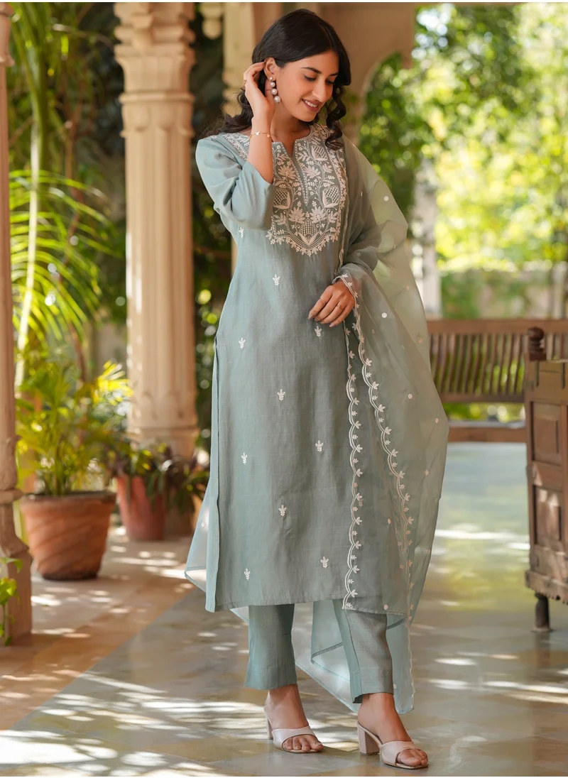 kolaba Light Blue Chinnon Embroidred Kurta 3Pc Set