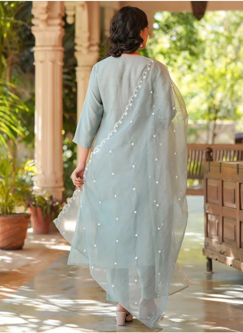 kolaba Light Blue Chinnon Embroidred Kurta 3Pc Set