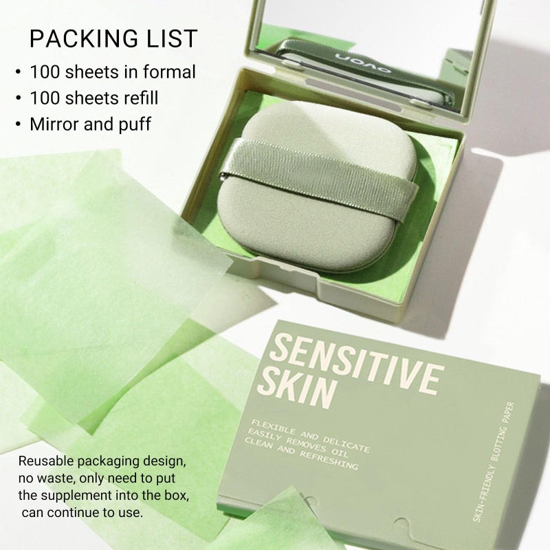 KYDA 200 Sheets Face Oil Blotting Paper, Included Refills, Mirror and Puff, Oil Absorbing Sheets for Makeup, Oil Control Shine, Absorb Excess Oil, Travel Size Gentle Face Makeup, Green Tea - Image 2