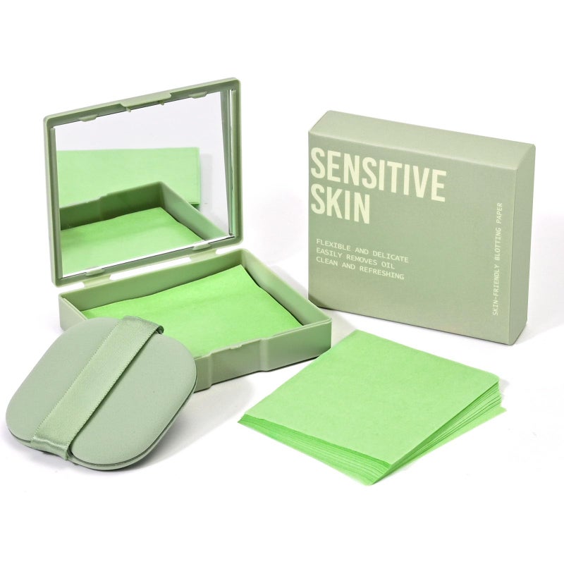 KYDA 200 Sheets Face Oil Blotting Paper, Included Refills, Mirror and Puff, Oil Absorbing Sheets for Makeup, Oil Control Shine, Absorb Excess Oil, Travel Size Gentle Face Makeup, Green Tea - Image 1