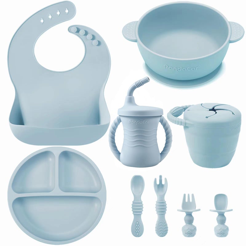 PandaEar Silicone Baby Feeding Set | 9PCS Baby Led Weaning Supplies Self Feeding Utensils | Divided Suction Plate Bowl Bibs Sippy Cup with Baby Snack Container Spoons Forks (Blue) - Image 1