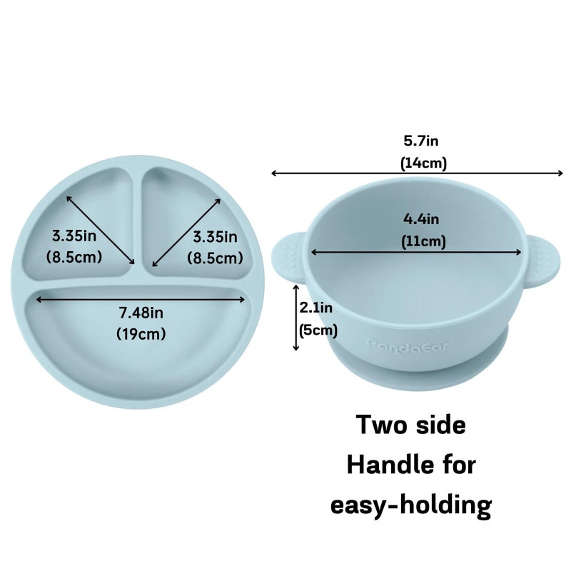 PandaEar Silicone Baby Feeding Set | 9PCS Baby Led Weaning Supplies Self Feeding Utensils | Divided Suction Plate Bowl Bibs Sippy Cup with Baby Snack Container Spoons Forks (Blue) - Image 3