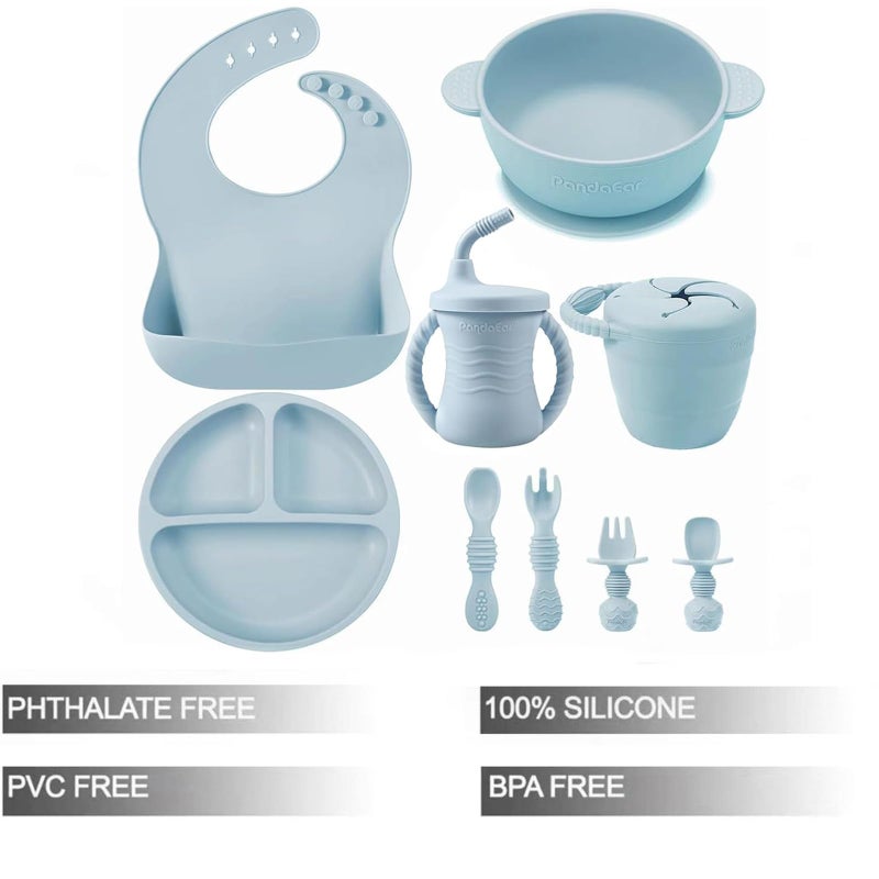 PandaEar Silicone Baby Feeding Set | 9PCS Baby Led Weaning Supplies Self Feeding Utensils | Divided Suction Plate Bowl Bibs Sippy Cup with Baby Snack Container Spoons Forks (Blue) - Image 2