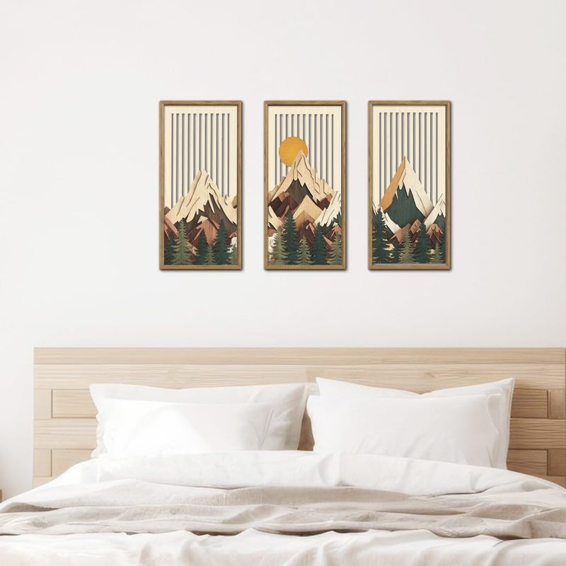 IARTTOP Mountain Sunrise Wall Art Set of 3 Framed Layered Wood Landscape Decor Forest Pine Tree Wall Decor Nature Wilderness Art Prints for Living Room Bedroom Office 8 x16 Inch - Image 2