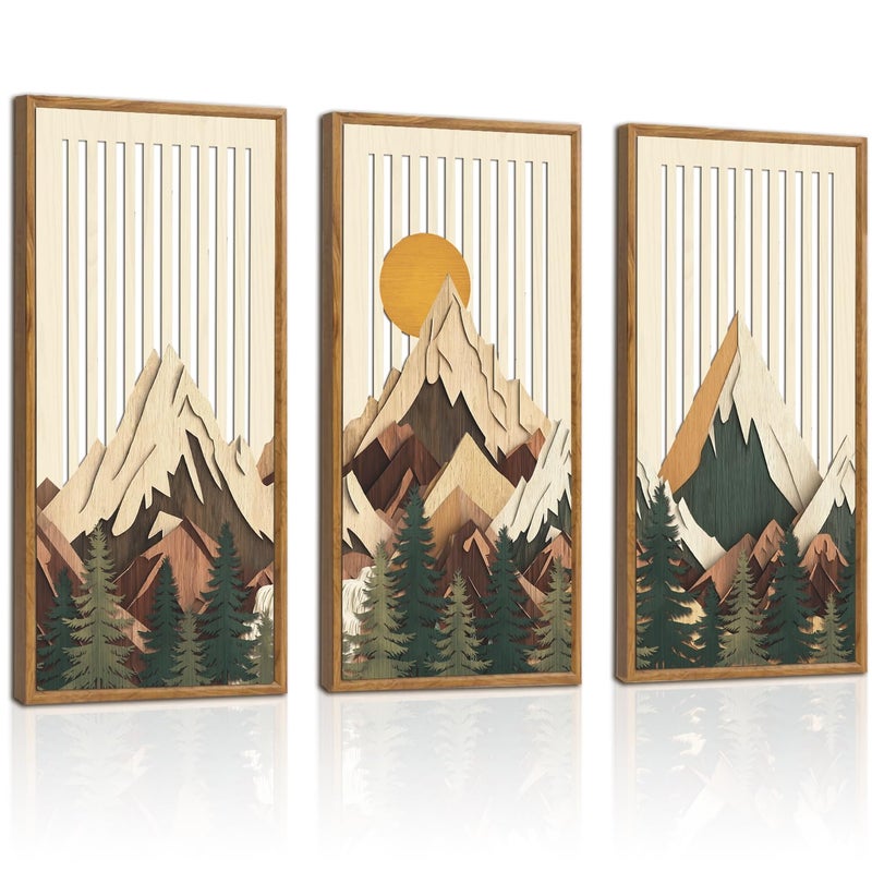 IARTTOP Mountain Sunrise Wall Art Set of 3 Framed Layered Wood Landscape Decor Forest Pine Tree Wall Decor Nature Wilderness Art Prints for Living Room Bedroom Office 8 x16 Inch - Image 1