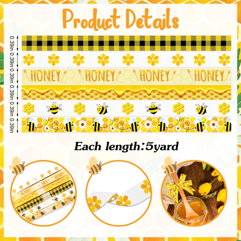 ABTOLS 6 Rolls 30 Yards Bumble Bee Ribbons Flower Ribbons Honey Decorative Grosgrain Ribbons Black Yellow Buffalo Plaid 3/8" Ribbons for Spring Gift Wrapping Crafts Bee Holiday Party - Image 2