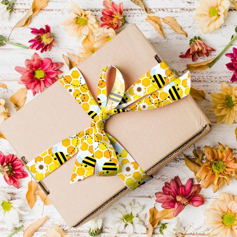 ABTOLS 6 Rolls 30 Yards Bumble Bee Ribbons Flower Ribbons Honey Decorative Grosgrain Ribbons Black Yellow Buffalo Plaid 3/8" Ribbons for Spring Gift Wrapping Crafts Bee Holiday Party - Image 3