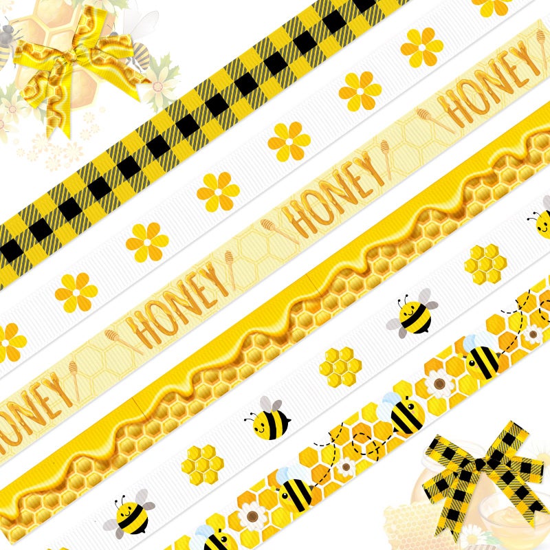 ABTOLS 6 Rolls 30 Yards Bumble Bee Ribbons Flower Ribbons Honey Decorative Grosgrain Ribbons Black Yellow Buffalo Plaid 3/8" Ribbons for Spring Gift Wrapping Crafts Bee Holiday Party - Image 1