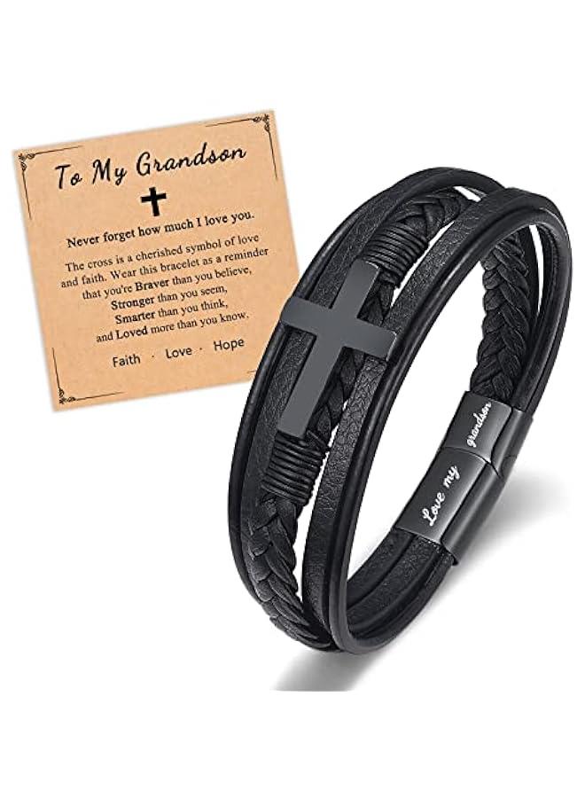Arabest To My Son Grandson Nephew Dad Cross Leather Bracelet Baptism Birthday  Gifts for Teen Boys - Image 1