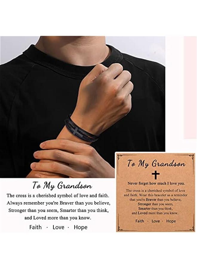 Arabest To My Son Grandson Nephew Dad Cross Leather Bracelet Baptism Birthday  Gifts for Teen Boys - Image 2