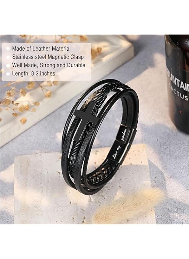 Arabest To My Son Grandson Nephew Dad Cross Leather Bracelet Baptism Birthday  Gifts for Teen Boys - Image 3