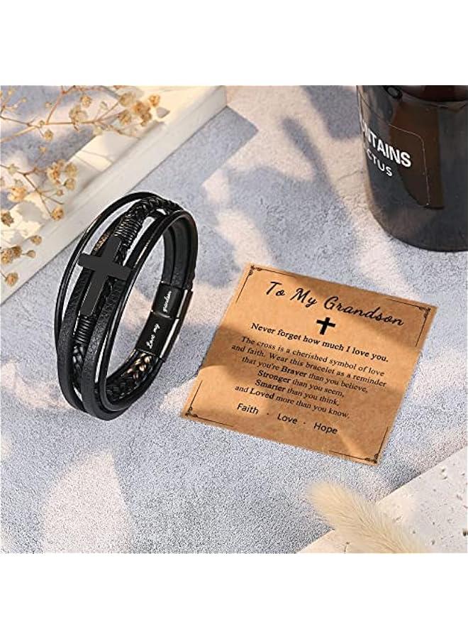 Arabest To My Son Grandson Nephew Dad Cross Leather Bracelet Baptism Birthday  Gifts for Teen Boys - Image 5