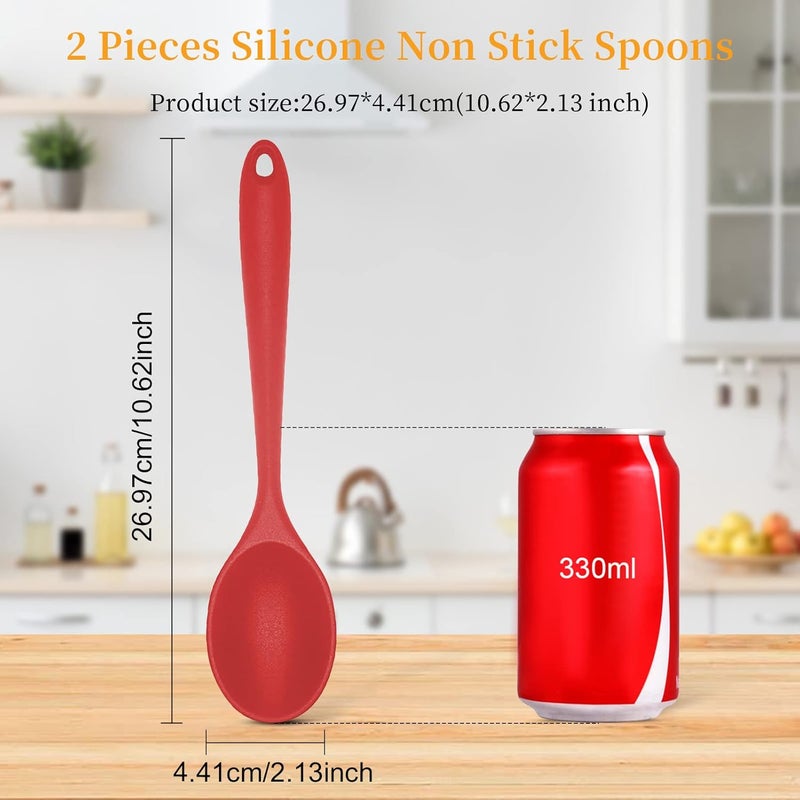 Ecerangus 2 Pcs Silicone Nonstick Mixing Spoon, 10.6Inch Silicone Spoons for Cooking Heat Resistant, Cooking Utensil for Kitchen Cooking Baking Stirring Serving (Red,Black) - Image 2